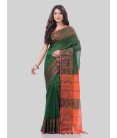 DESH BIDESH Women`s Tant Cotton Silk Handloom Cotton Saree Pushpomala With Blouse Piece(Green Orange)